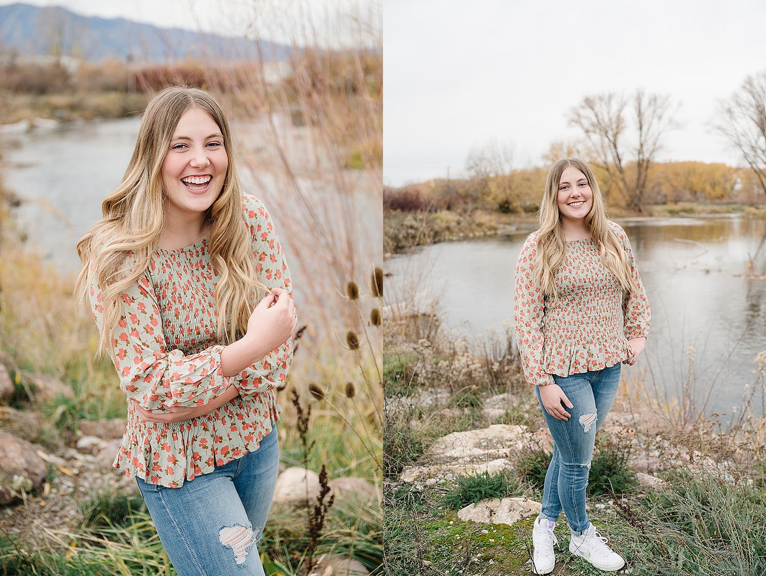 Natural outdoor photography session by river showing joyful poses in casual fall outfit.