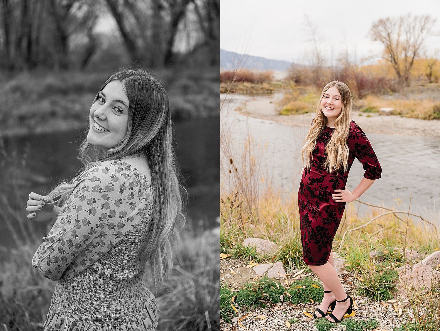 Contrasting black & white and color portraits showcasing casual style in nature setting.