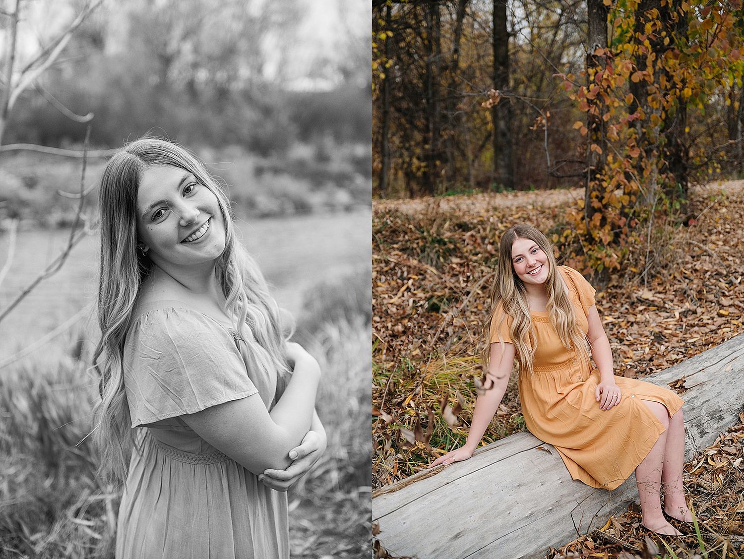 Side-by-side portraits featuring casual and dressy autumn looks in outdoor settings.