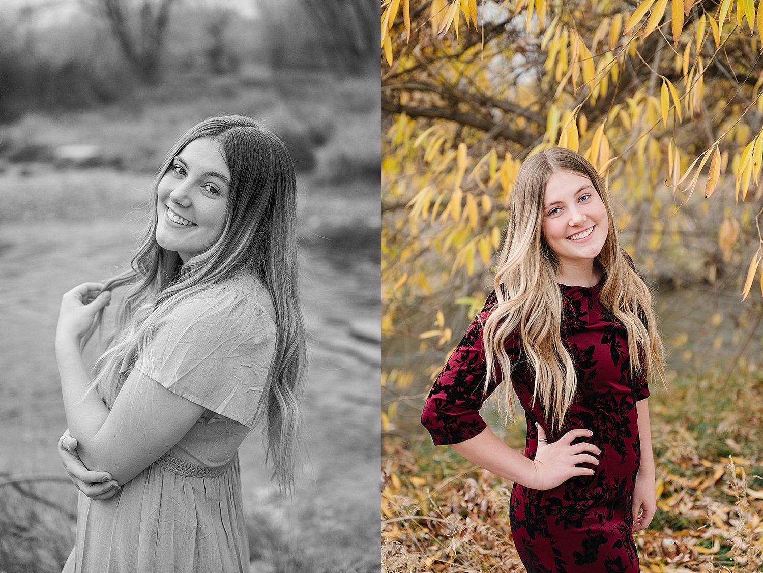 Side by side portraits showing a person in grey dress and burgundy velvet dress against fall foliage.