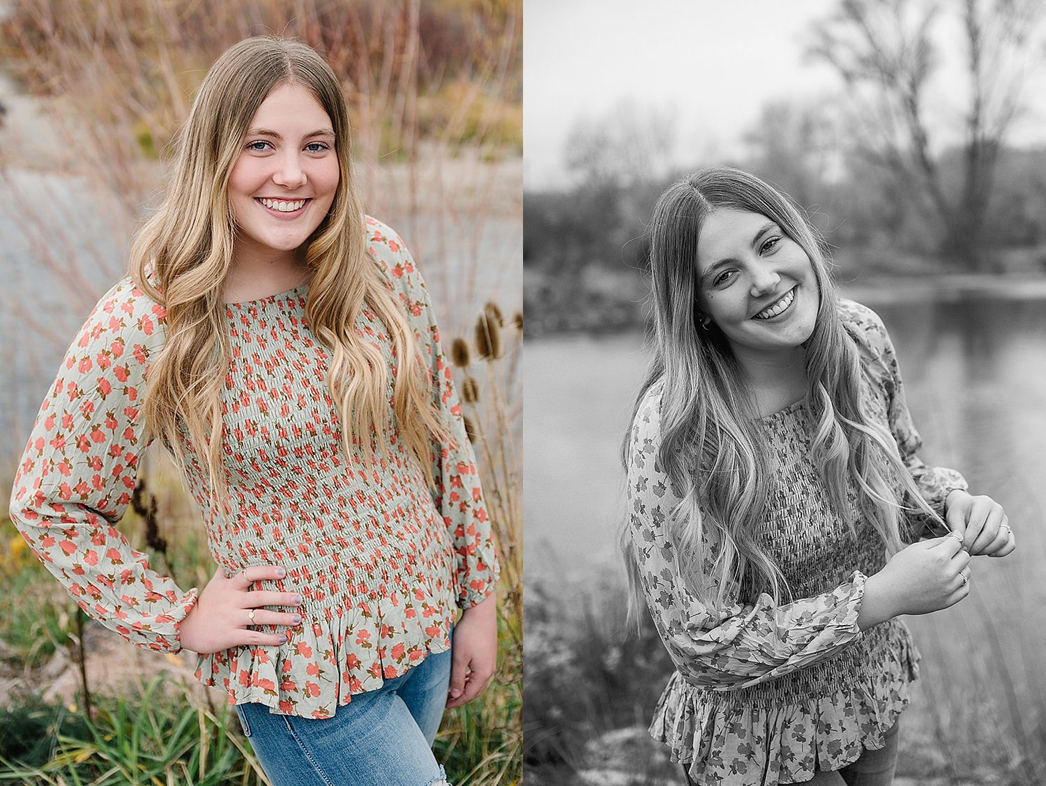 A set of color and black and white portraits in a natural outdoor setting with autumn foliage.