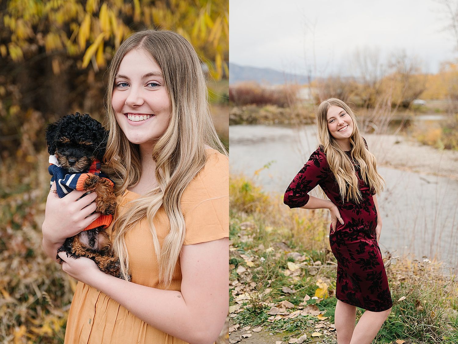 A split image showing someone holding a small black dog and posing in a burgundy dress by a river.