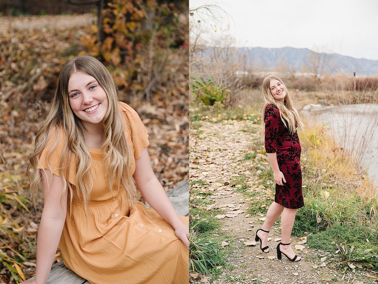 Side by side portraits in peach dress and burgundy velvet dress during autumn.
