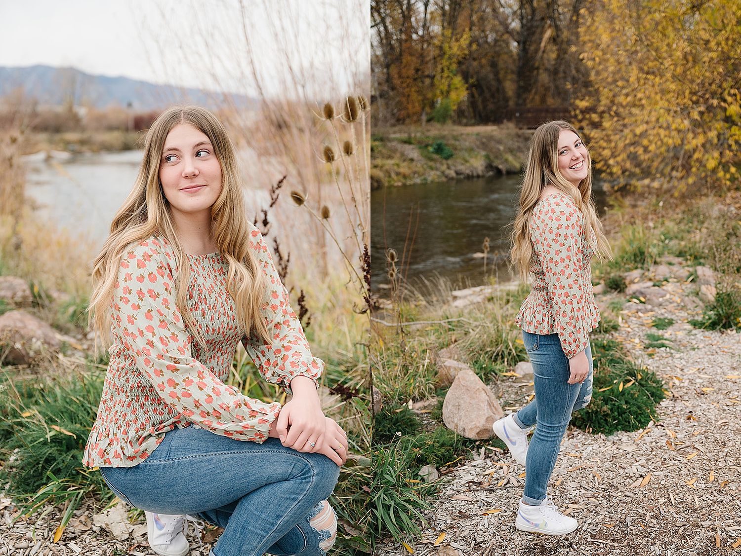 Two outdoor portraits by a river showing casual and dressy autumn style outfits.
