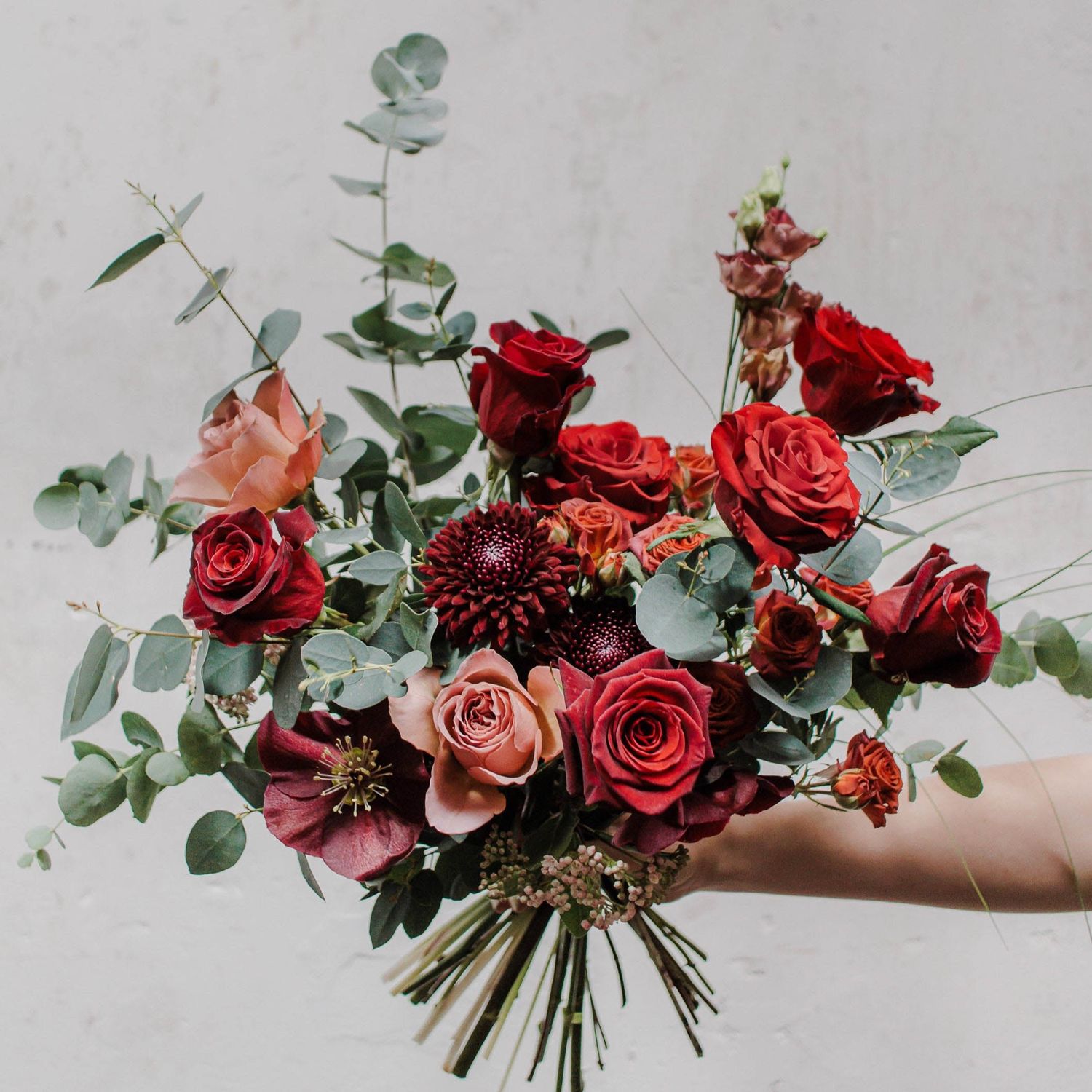 Luxury Red Roses and Eucalyptus Valentine's Bouquet available for local Edinburgh pickup or delivery for Valentie's Day 2025