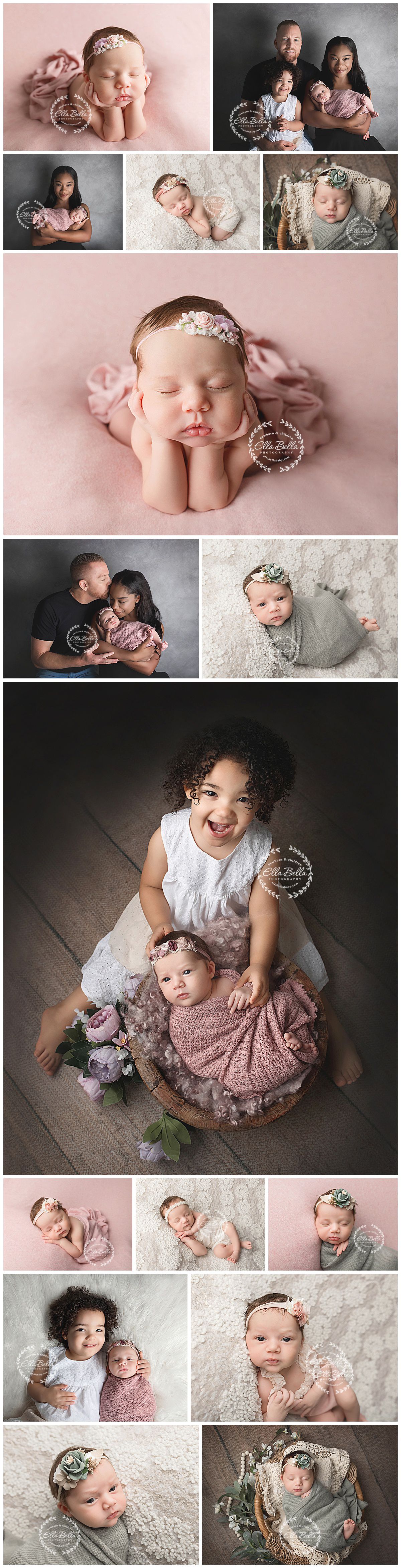 Collection of family portraits and newborn photos in pink and gray tones with professional styling.