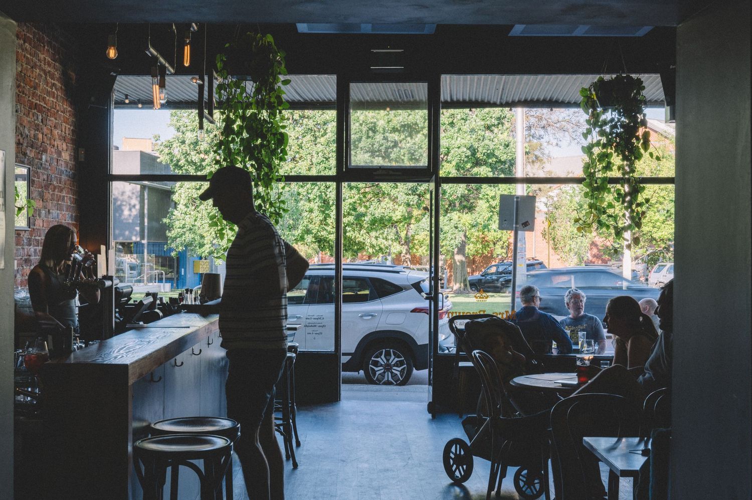 Cafe interior with large windows and hanging plants creating a silhouetted atmosphere.