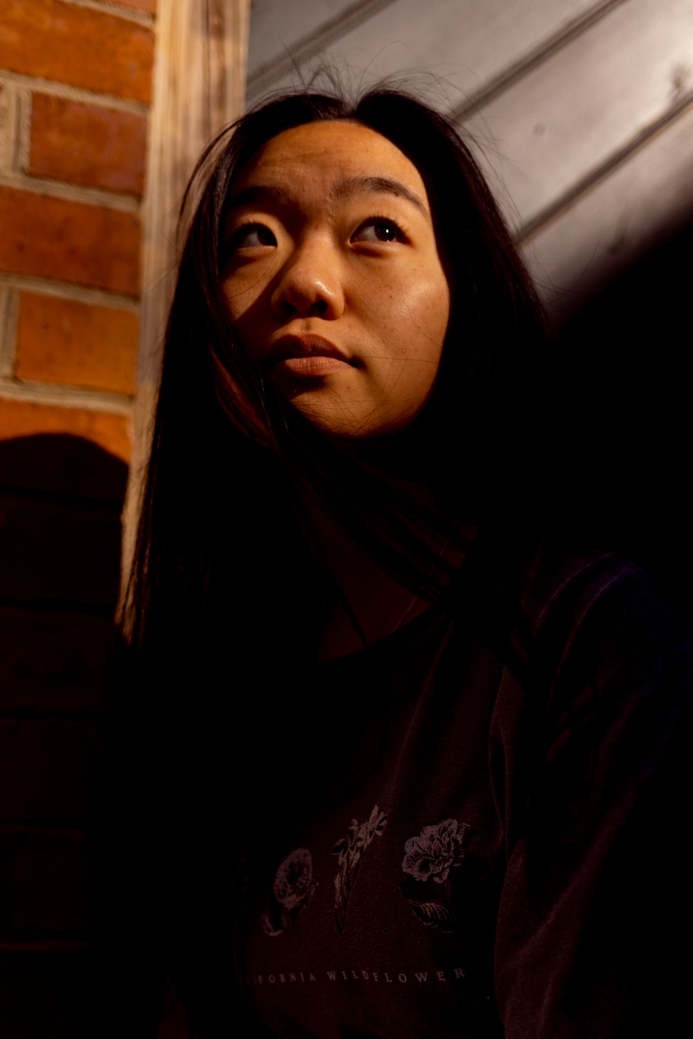 A person blending into the angled shadow looking up towards the sky.