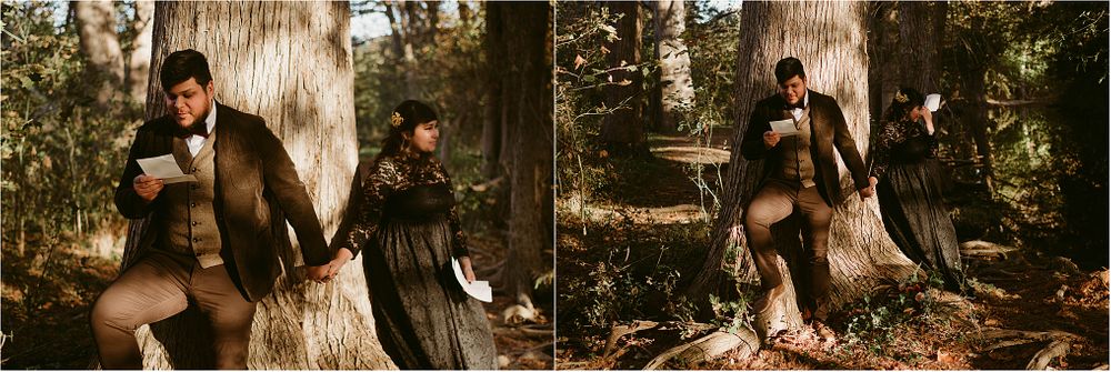 A romantic vintage-styled forest photoshoot with couples posing between trees.