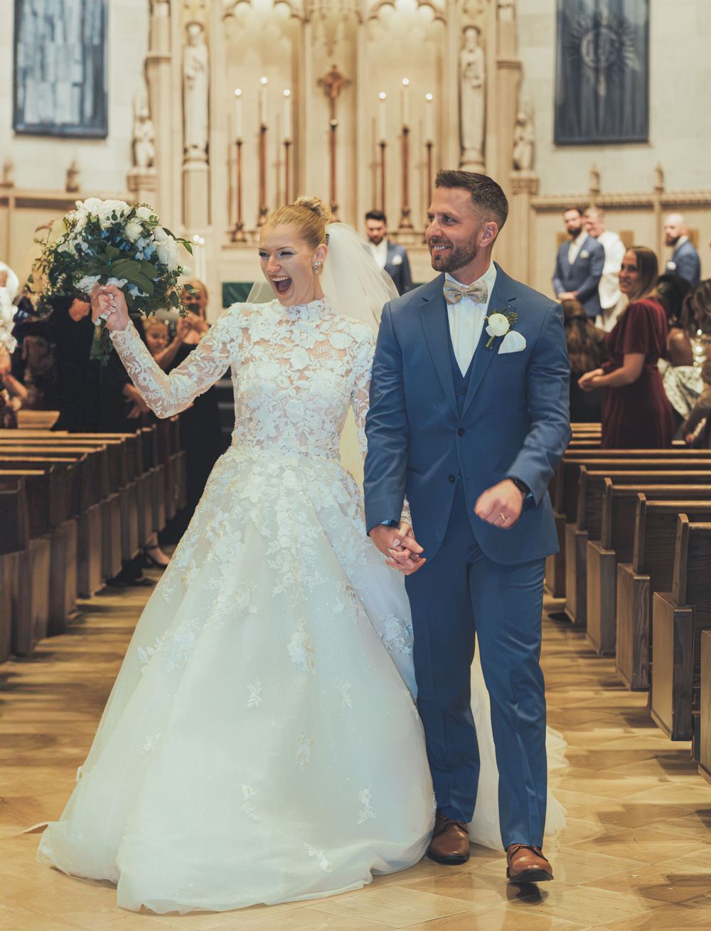 Happy couple celebrates wedding church ceremony