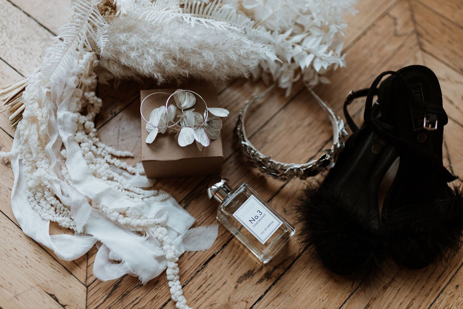 Gorgeous fluffy black shoes and luxury details for wedding