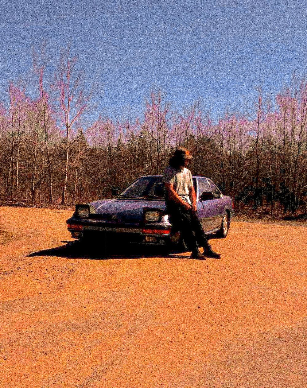 Sequence showing a black car parked on orange-red desert terrain against bare trees.