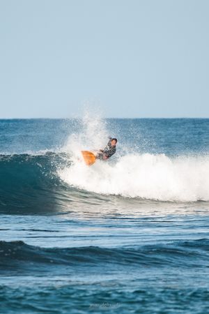 Surfer catches a breaking wave on blue ocean water with white spray.