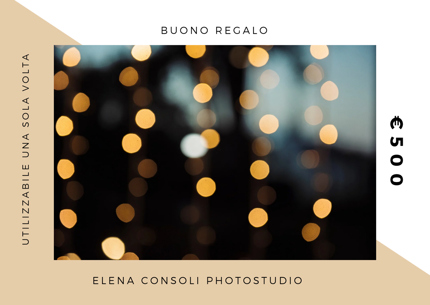 Gift voucher design with bokeh lights and geometric elements.