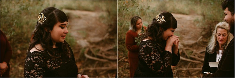 A moody outdoor wedding ceremony with vintage-inspired attire and autumn scenery.