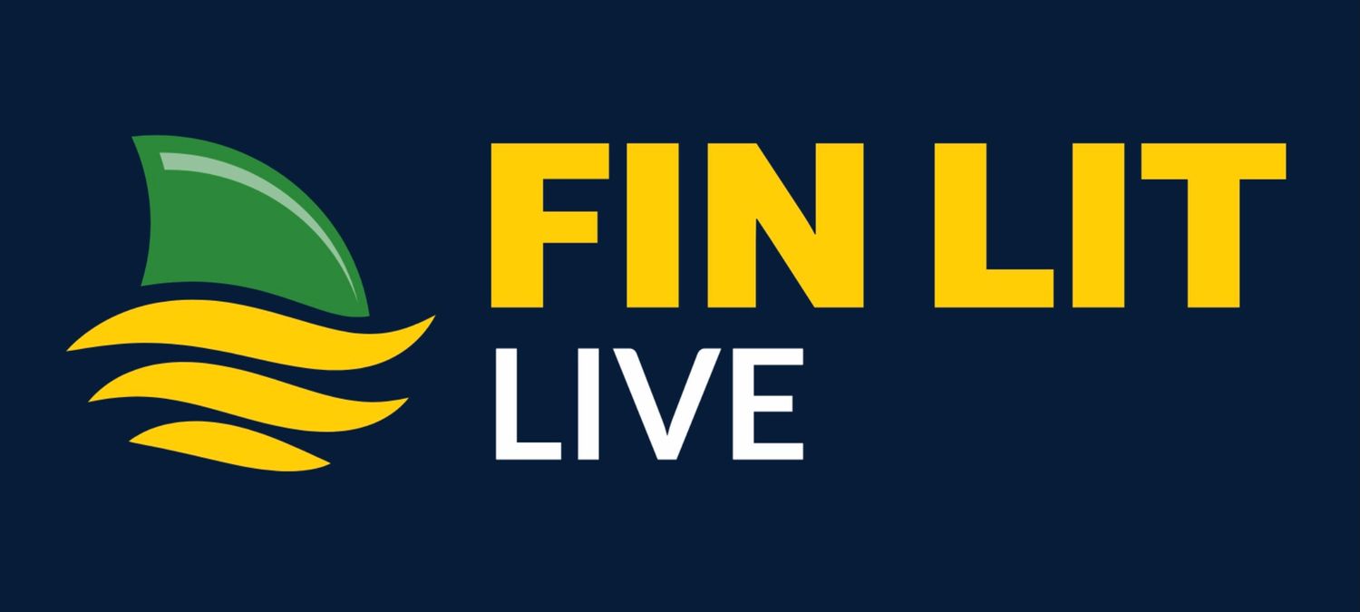 Blue and yellow Fin Lit Live logo design with a wave symbol.