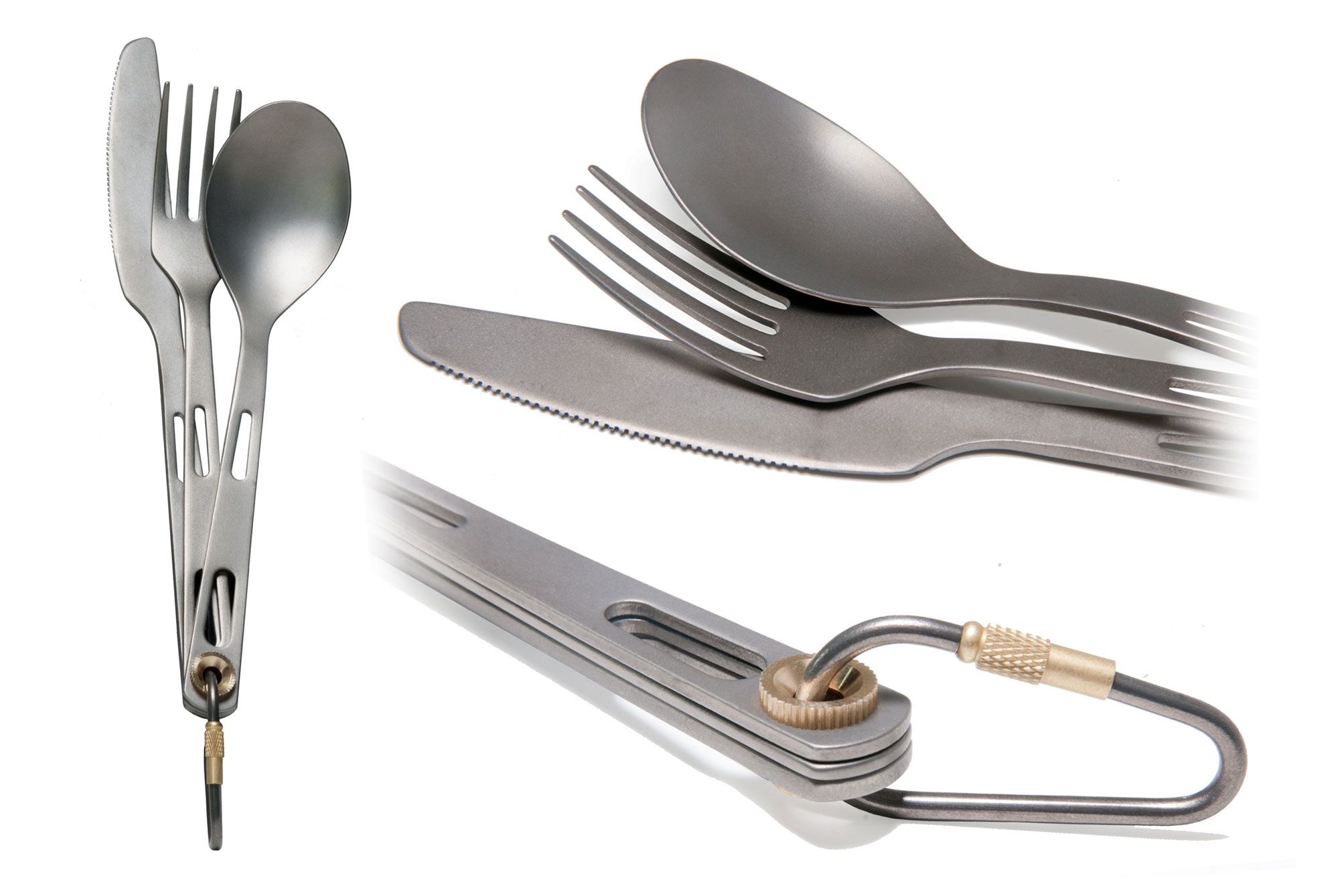 Stainless steel camping cutlery set with fork, knife, and spoon attached to a carabiner clip.