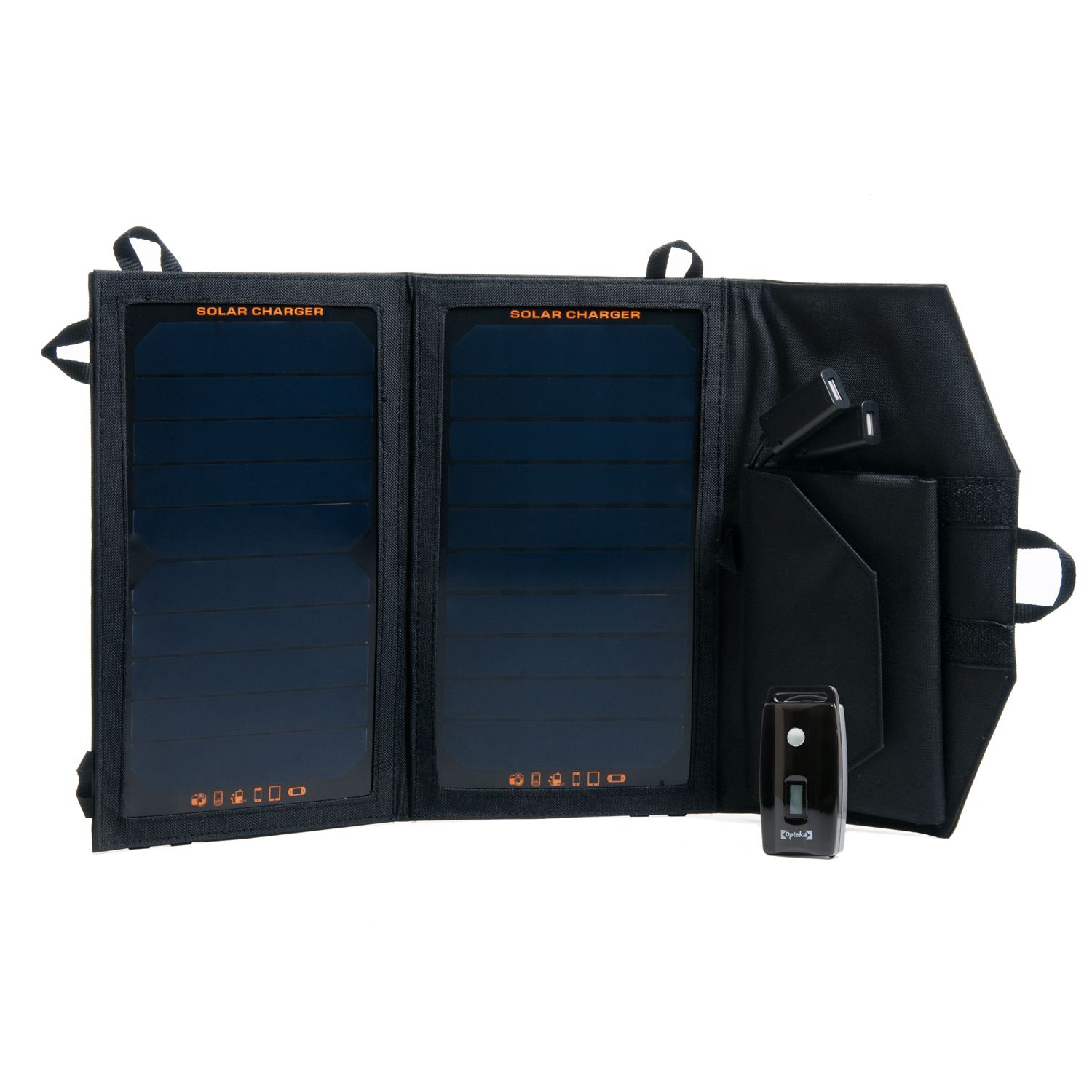Foldable dual-panel solar charger with attached power bank and charging cables on a white background.