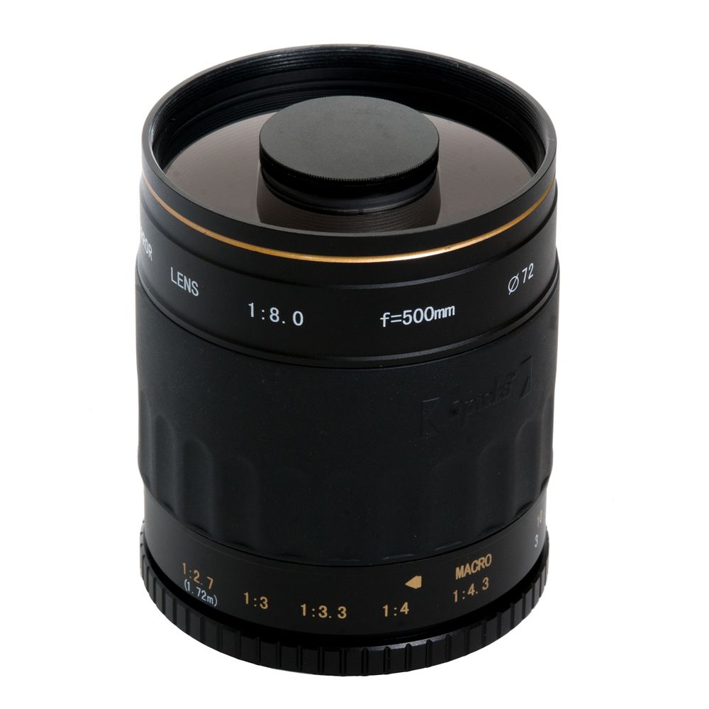 Black 500mm f/8.0 mirror telephoto camera lens with gold accent ring and 72mm filter thread.