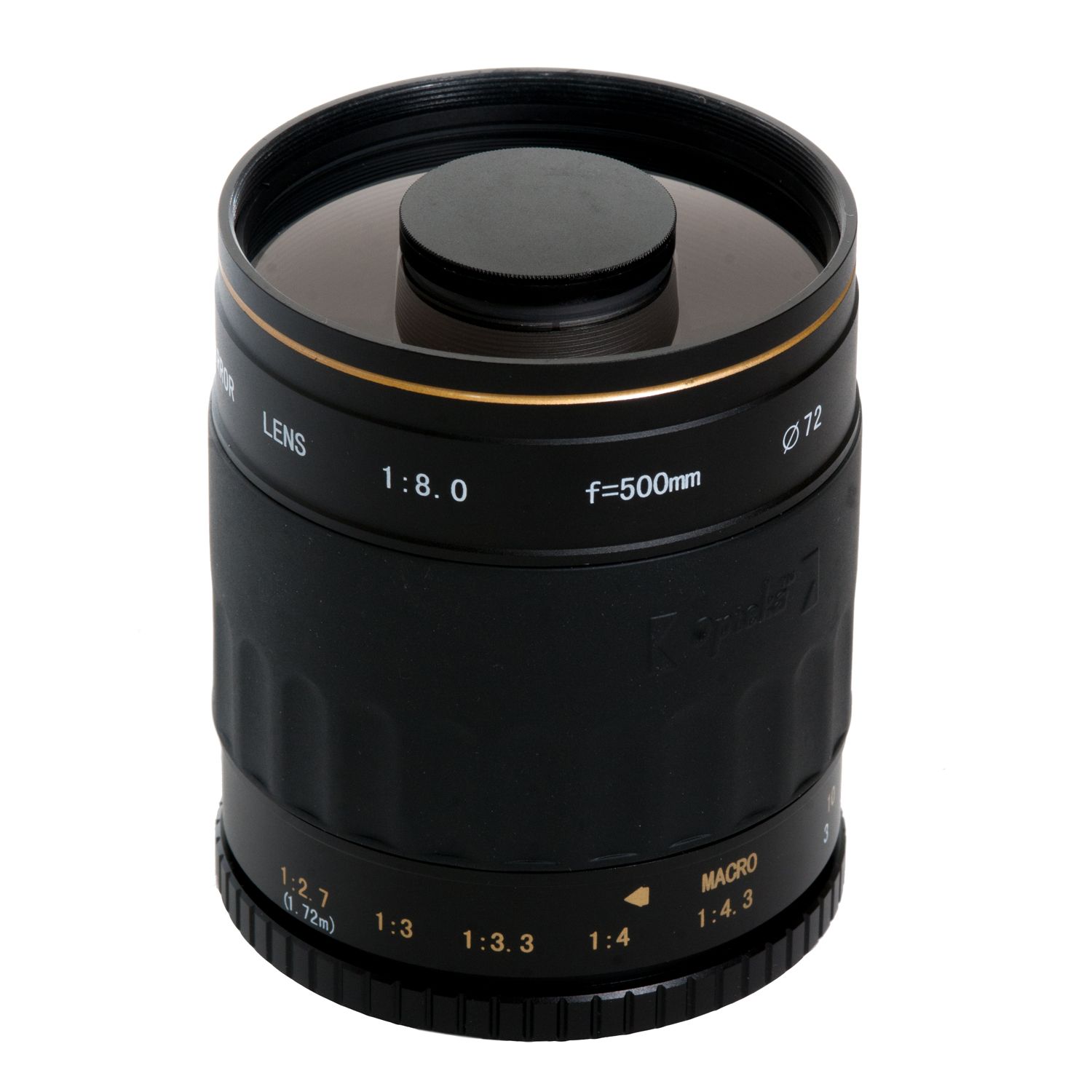 Black 500mm f/8.0 mirror telephoto camera lens with gold accent ring and 72mm filter thread.