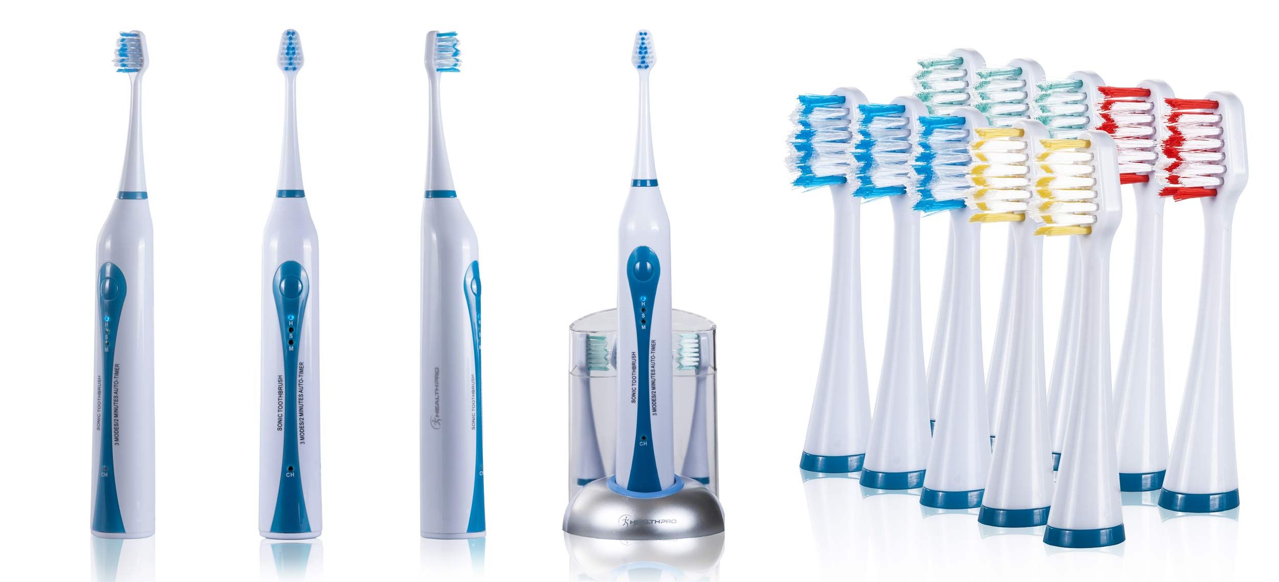 Sonic electric toothbrush set with charging dock and eight replacement brush heads in blue and white.