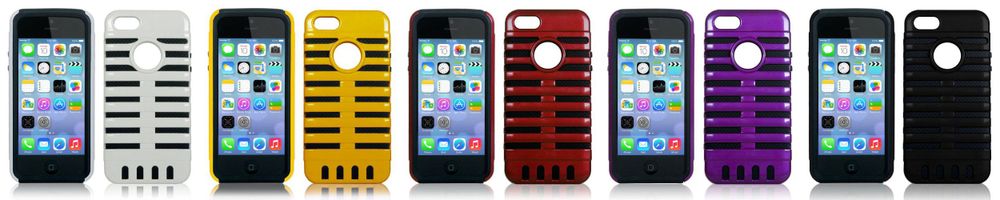 iPhone 5C protective cases in multiple colors including black, yellow, gold, red, purple, and silver.