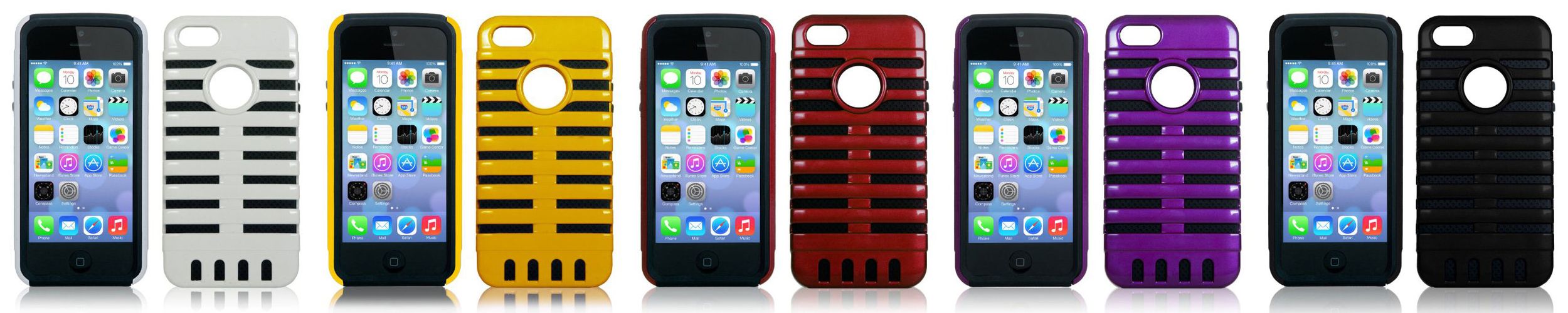 iPhone 5C protective cases in multiple colors including black, yellow, gold, red, purple, and silver.