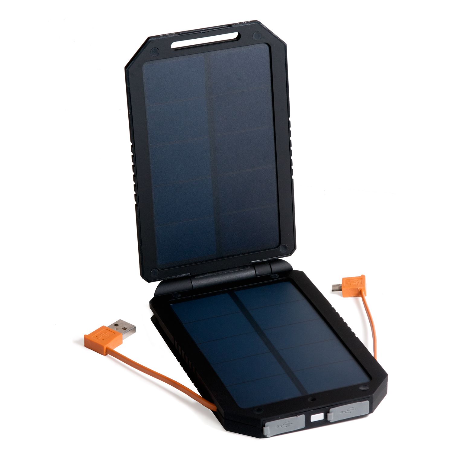 Rugged black solar power bank charger with orange USB cables and foldable solar panels.
