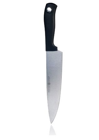 Professional Wusthof chef knife with black handle and sharp stainless steel blade on white background.