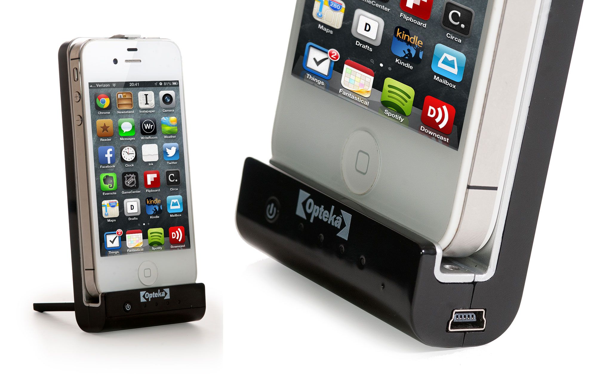 Black iPhone charging dock station with mini USB port displaying home screen on docked iPhone.