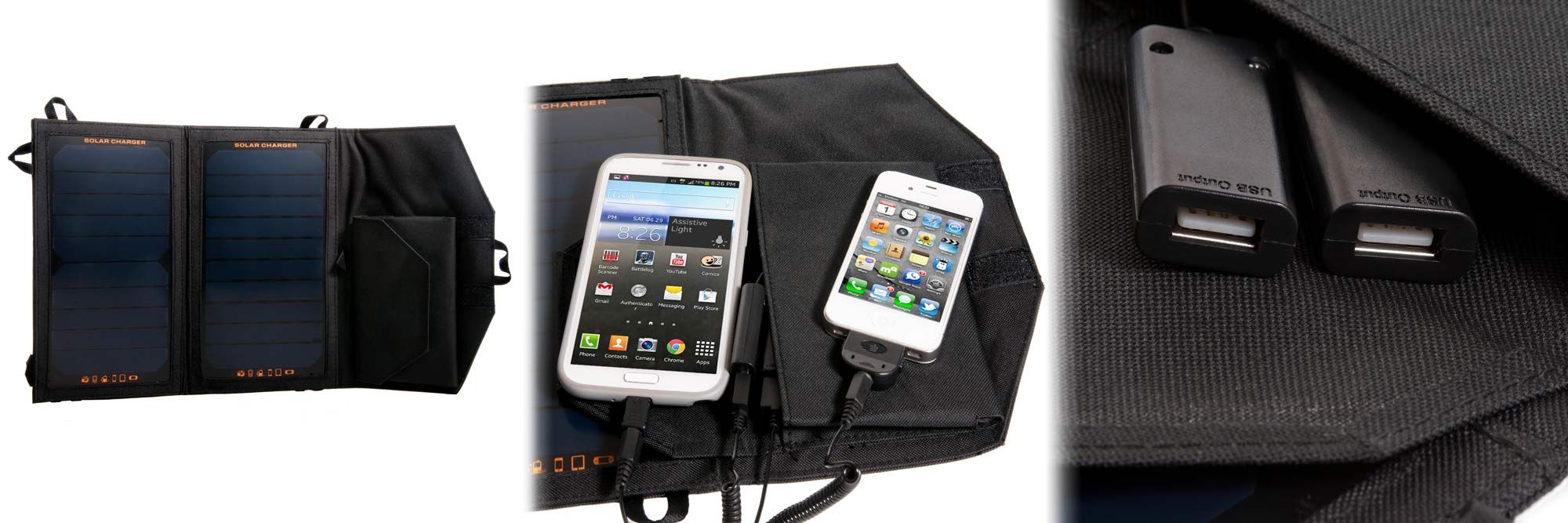 Foldable solar panel charger charging two smartphones simultaneously with dual USB ports shown.