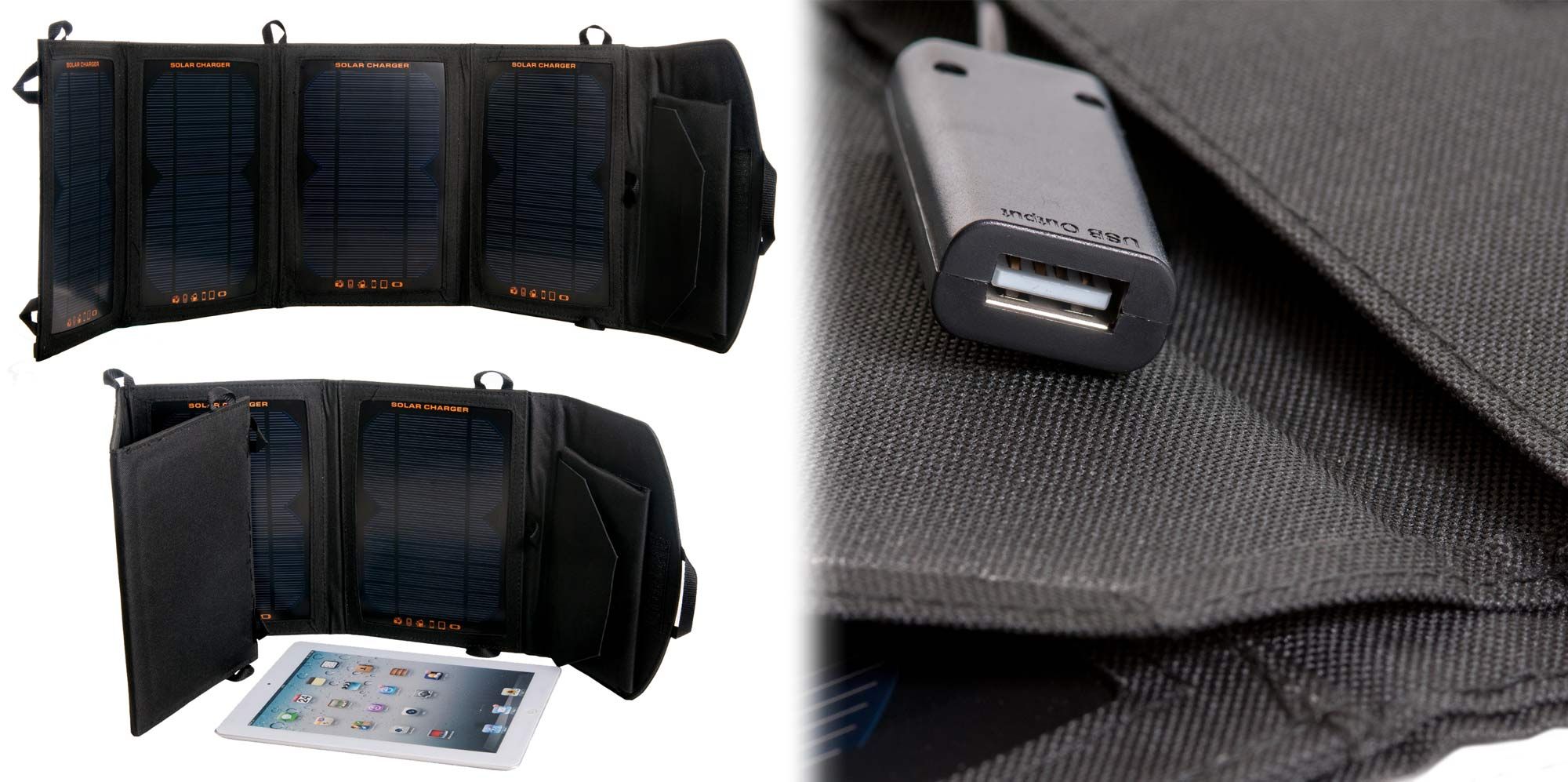 Portable foldable solar panel charger with dual USB ports charging a tablet outdoors.