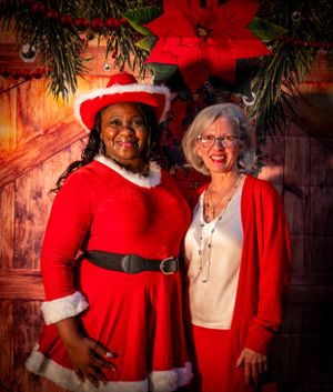 Group photos at a holiday celebration with people wearing festive red and white outfits.