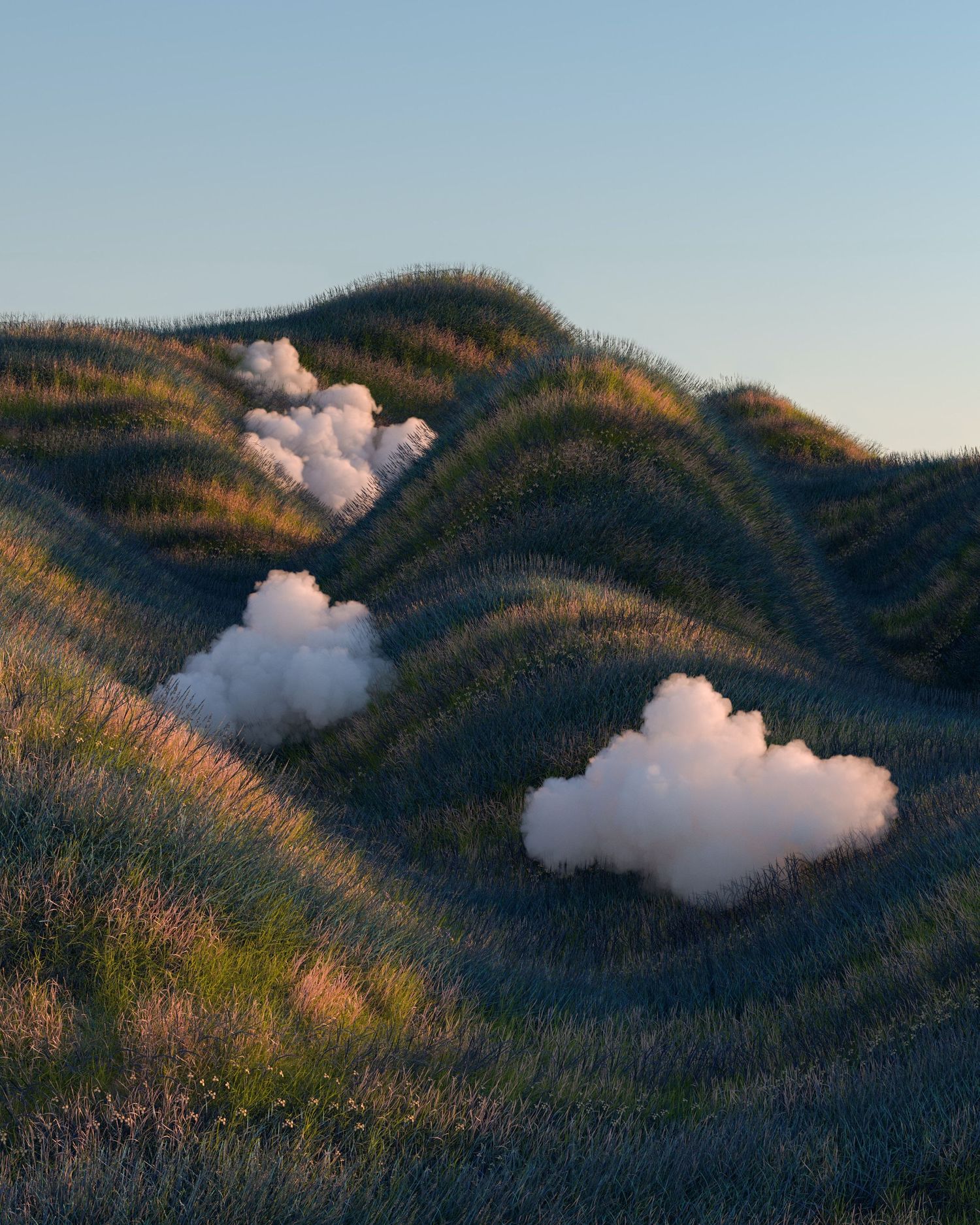 grass rolling hills with fluffy clouds nested in them