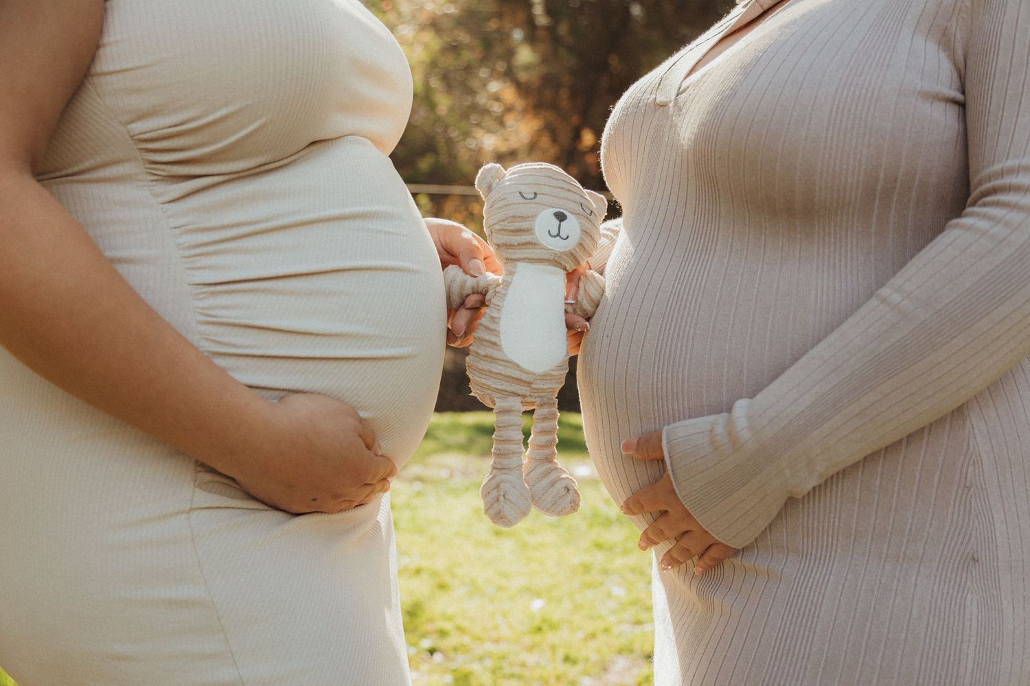 Two pregnant women showing their baby bumps while holding a small stuffed toy outdoors in natural lighting.