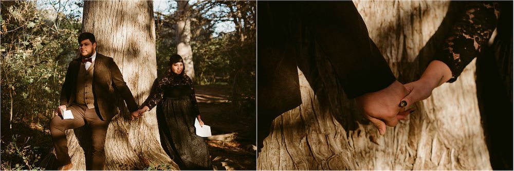 Intimate forest portraits showing vintage-styled poses against weathered tree bark.