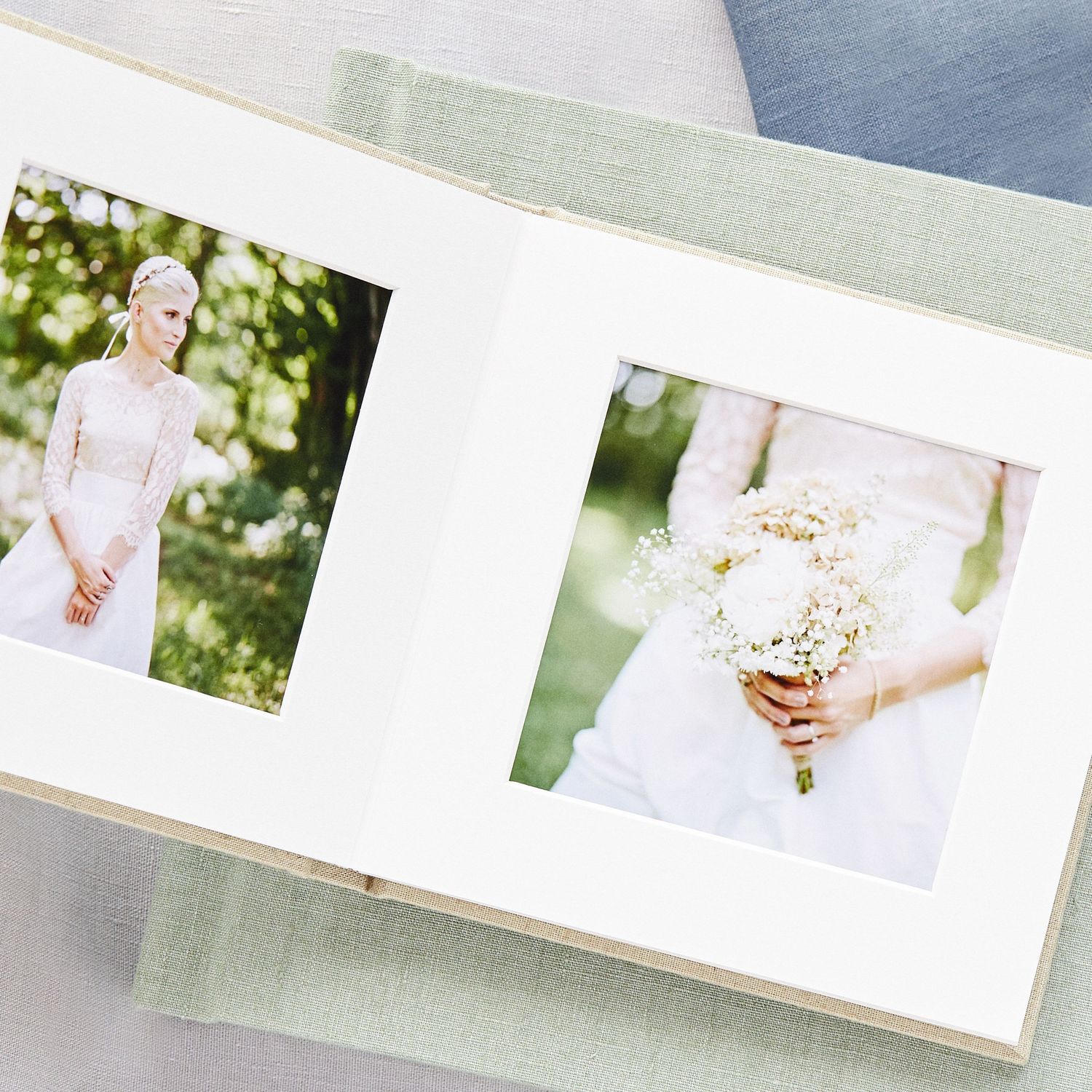 A series of wedding photographs displayed in white matted frames.