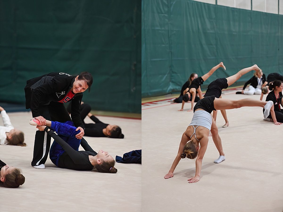 Rhythmic gymnastics warm-up with coach