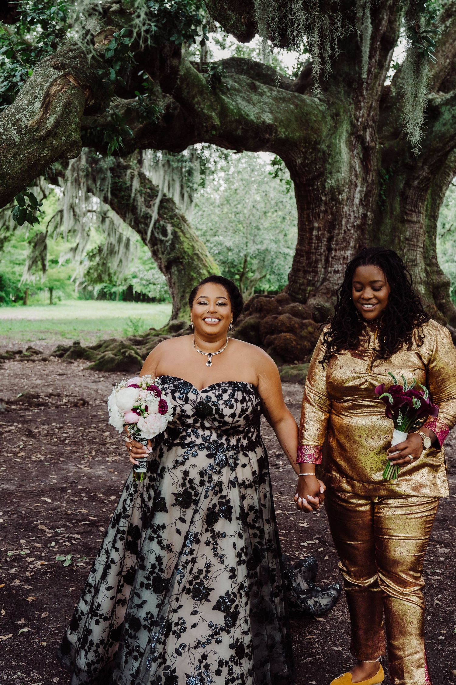 Tree of Life, Audubon Park, intimate ceremony, elopement, bridals, gold suit, black gown, candid