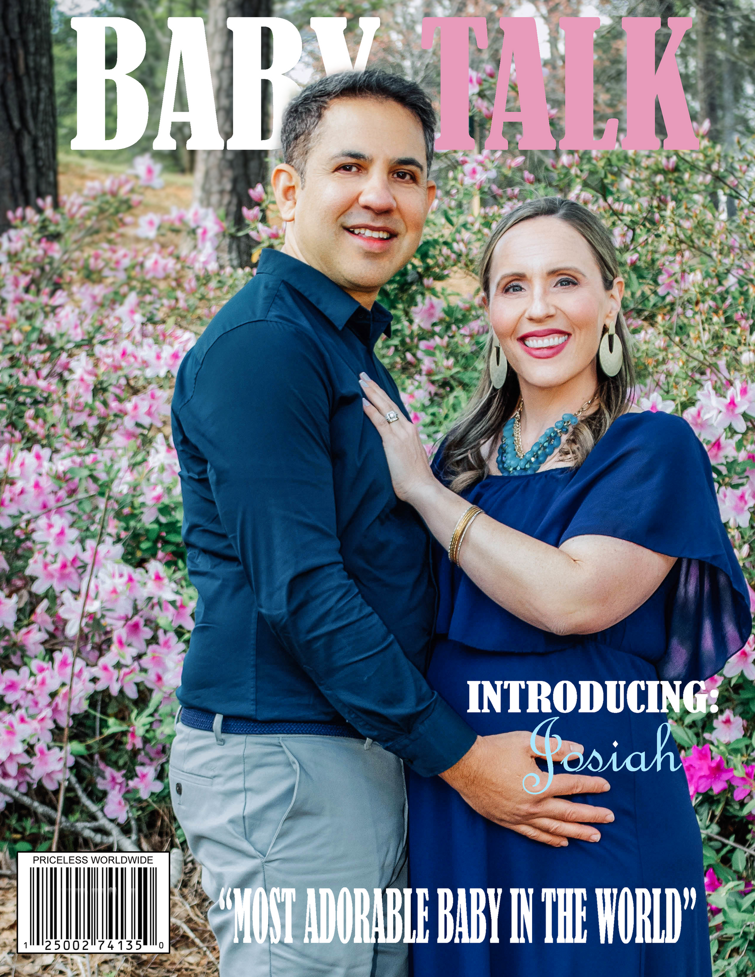 Magazine cover featuring expecting parents posing among pink flowers in an outdoor setting.