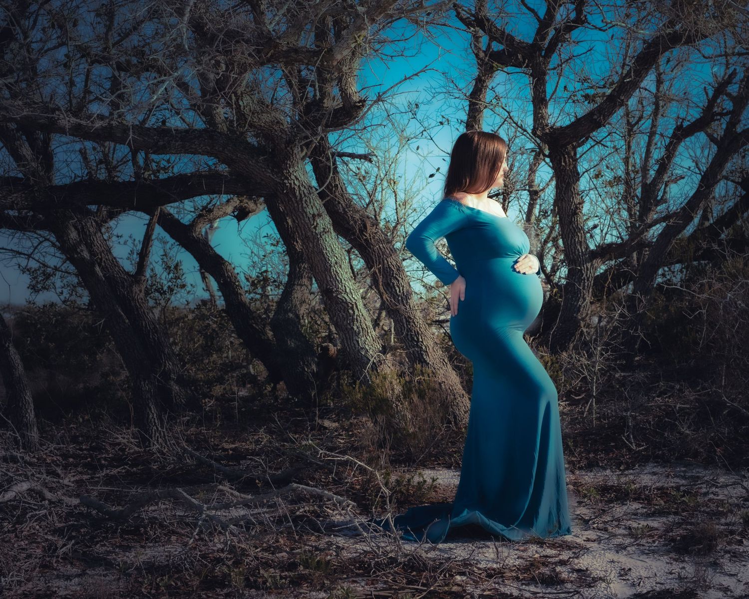 Dramatic Maternity Portrait in Teal Blue
