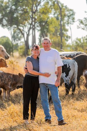 A couple poses together in casual attire with cattle grazing in the golden afternoon light.