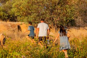 Group walking through tall grass and autumn foliage in golden evening light.