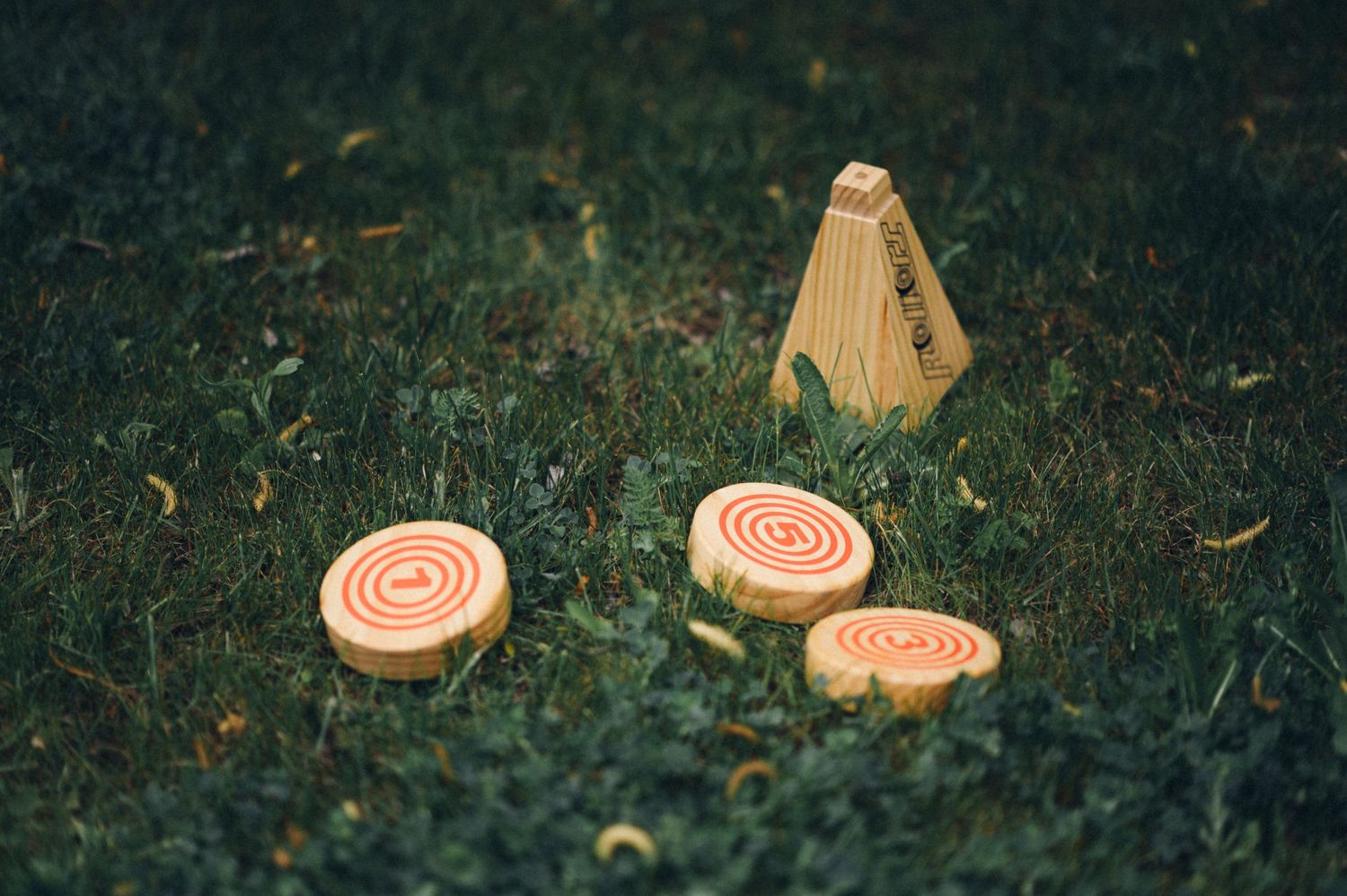 Wooden metronome and circular wooden discs arranged on dark grass.