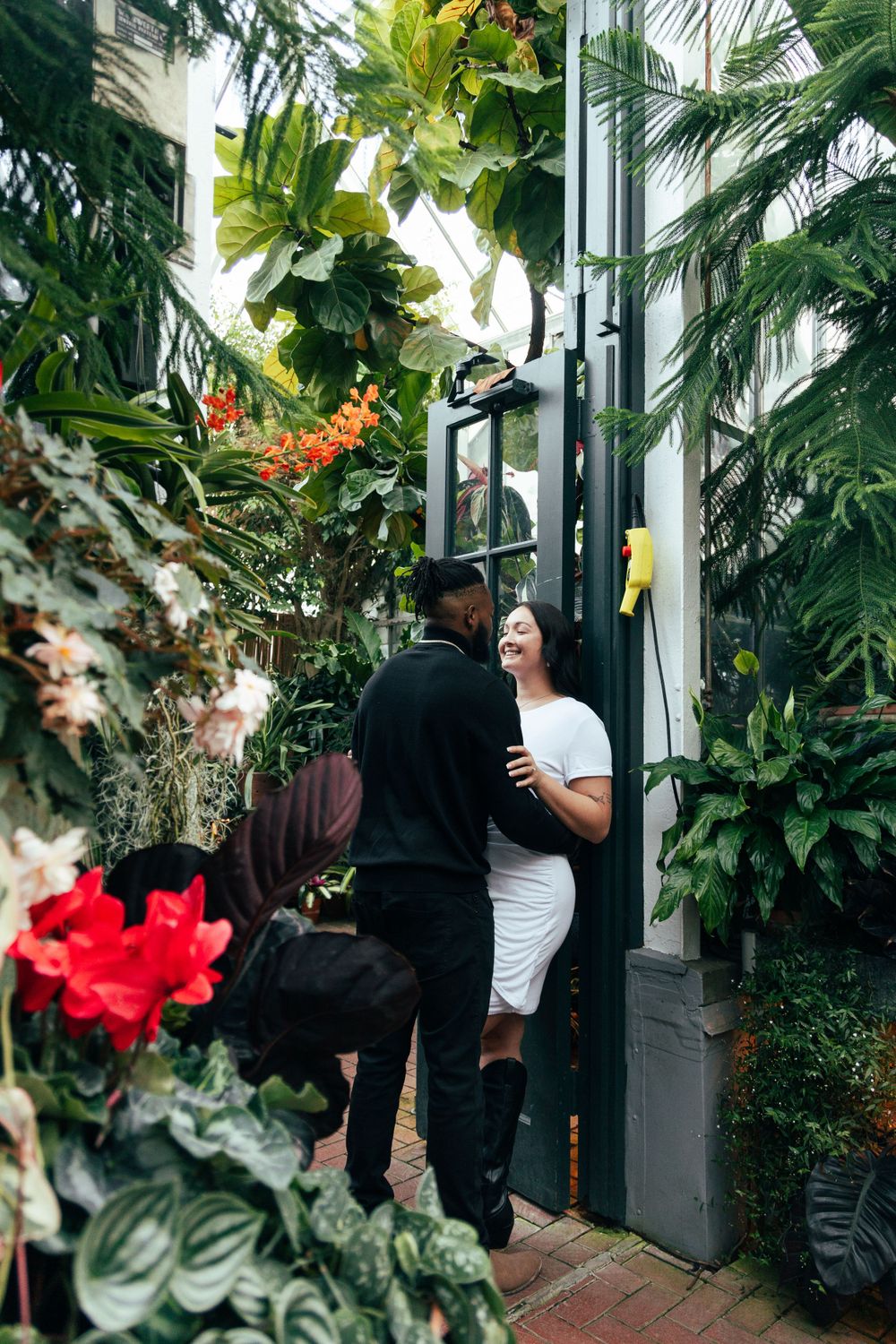A romantic greenhouse scene with two people surrounded by tropical plants and red flowers.
