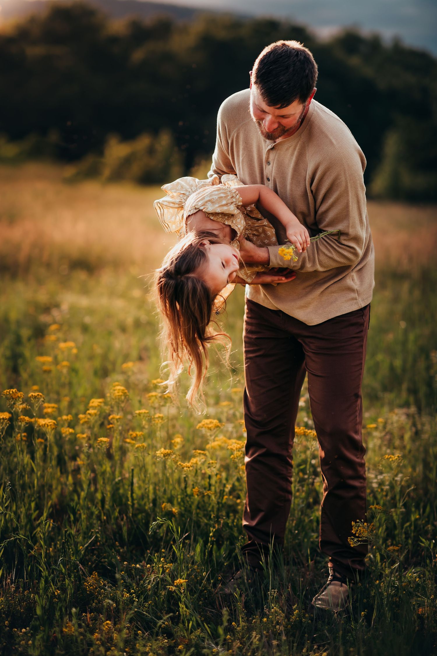 father holds his daughter upside sign as her yellow hair dangles in the sunset in a field of yellow flowers