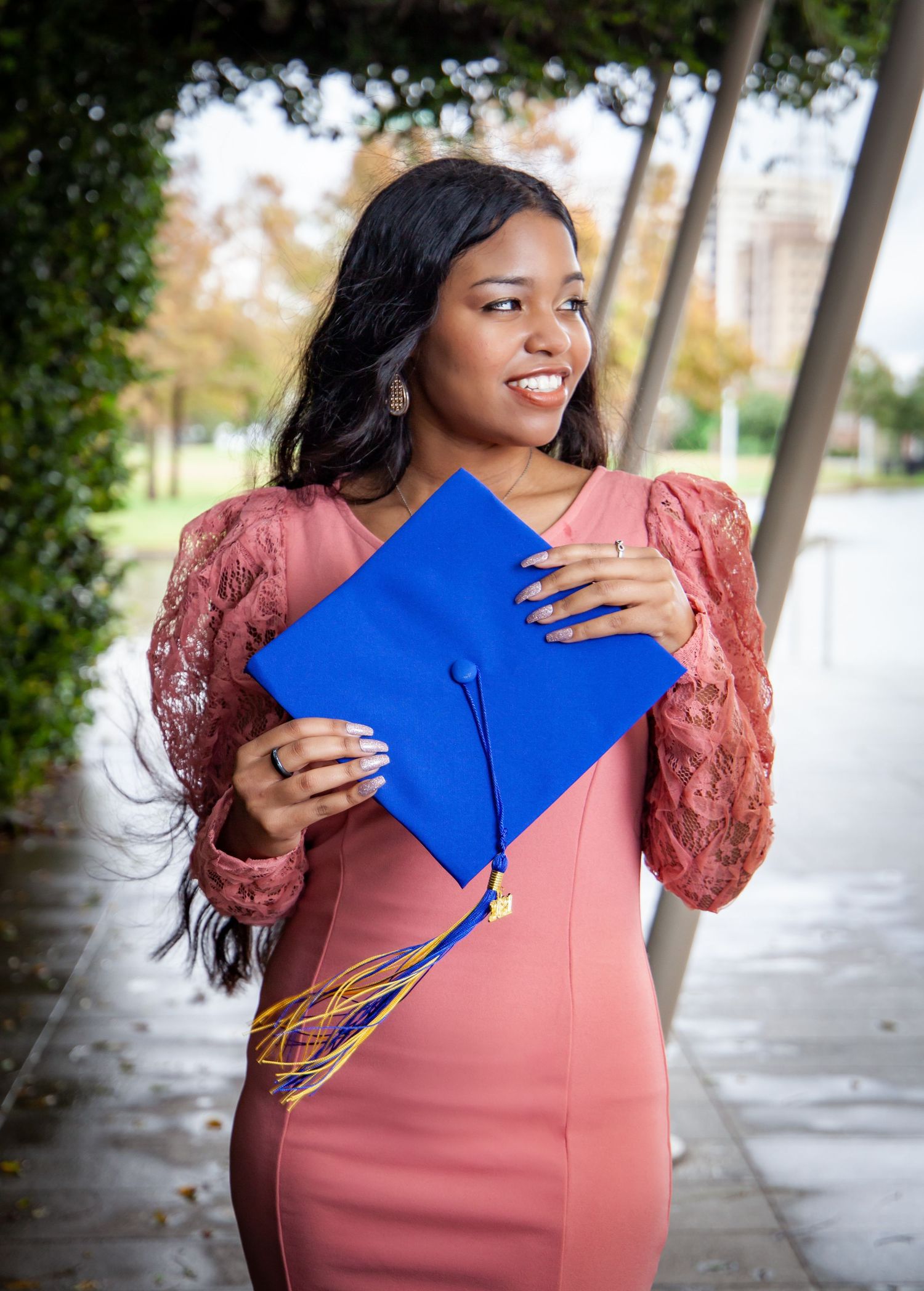 girl graduate, graduation, blue graduation cap, grad cap, pink dress