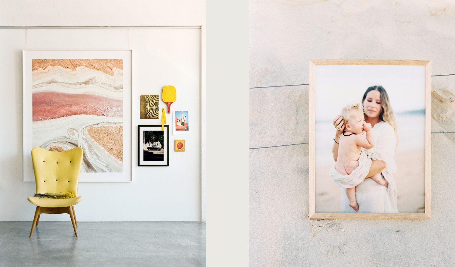 Wall decorated with various frames and art pieces, creating a cohesive and stylish display.