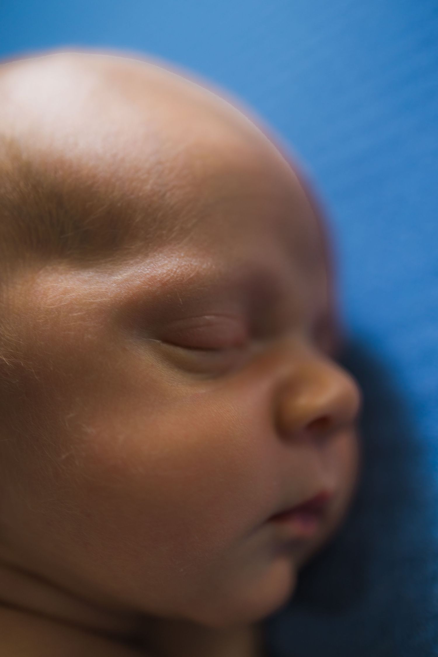 Soft focus profile view of sleeping newborn against blue backdrop.
