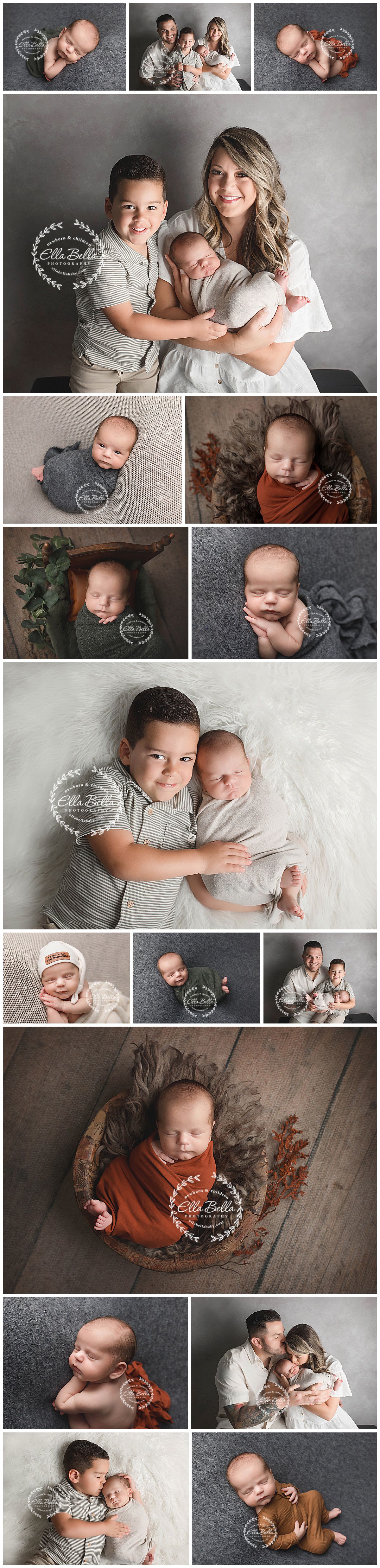 Lifestyle newborn photo collection featuring family poses and artistic baby portraits in neutral tones.